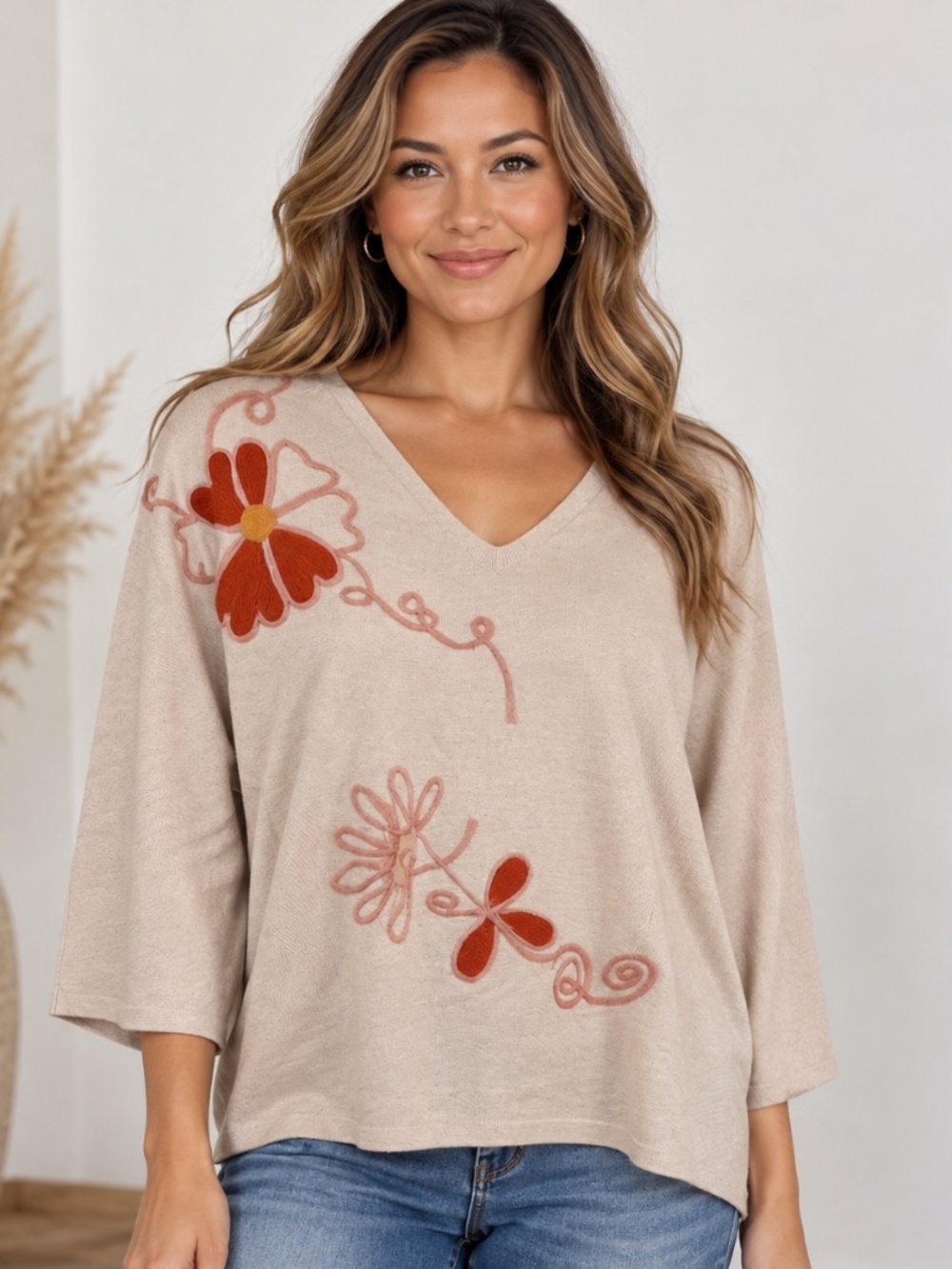 Aaeda Women Cream Floral Embroidered V-Neck Knit Sweater
